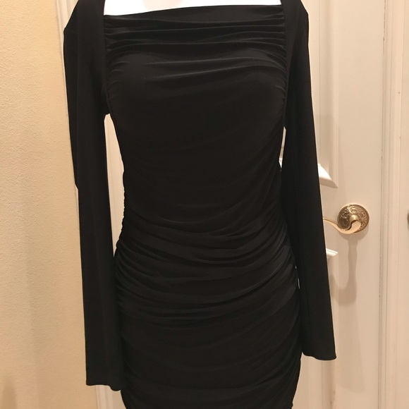 NWOT TTahari black knit  gathered boatneck dress - Picture 2 of 5